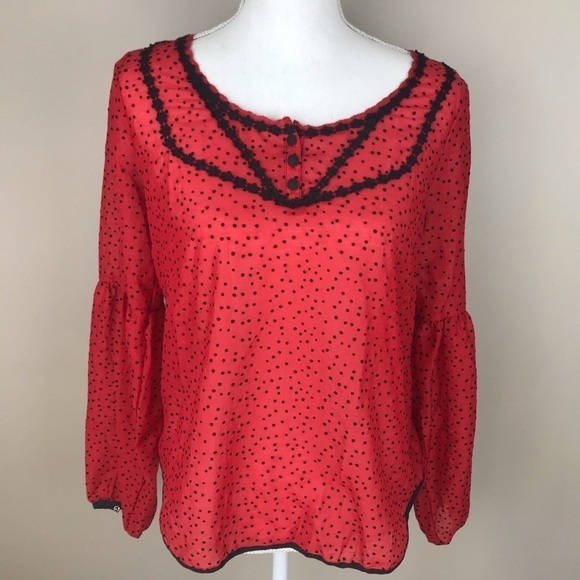 Free People Tops - Free People Red Polka Dot Boho Shirt Medium